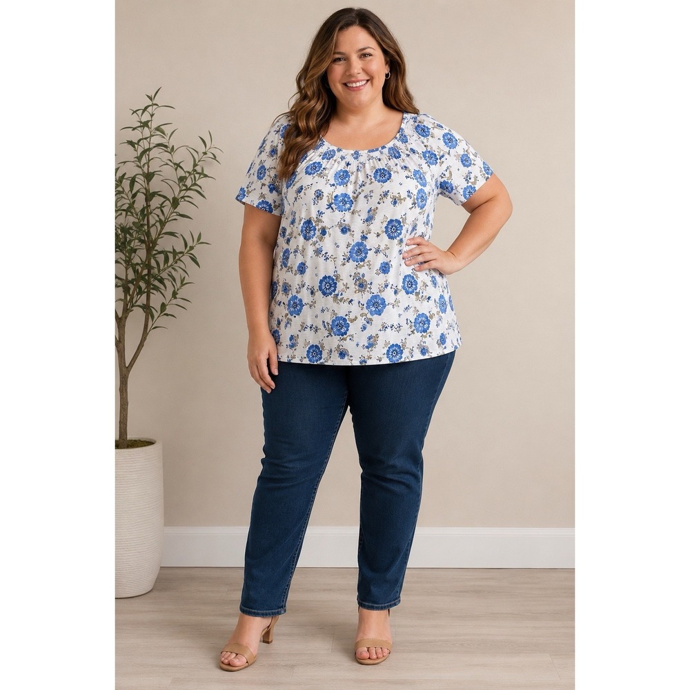 Croft & Barrow Women's 3X Blue Floral Smocked Top Plus Size Short Sleeve Tee